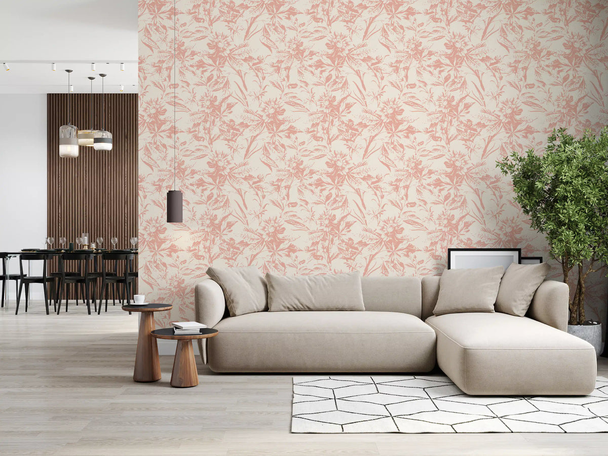 Blush floral wallpaper in an open living and dining space GD12217