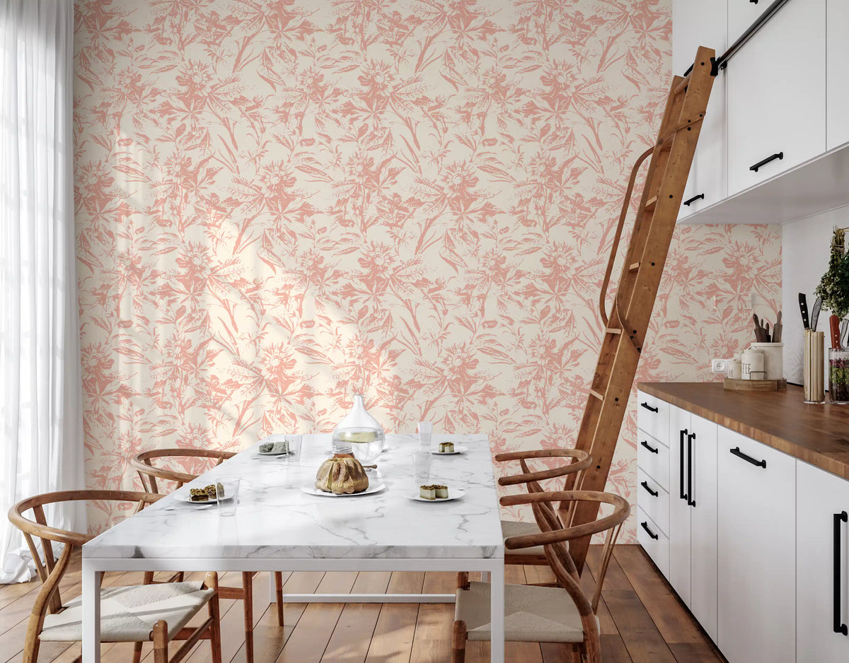 Pink botanical wallpaper in a dining nook with wood chairs GD12217