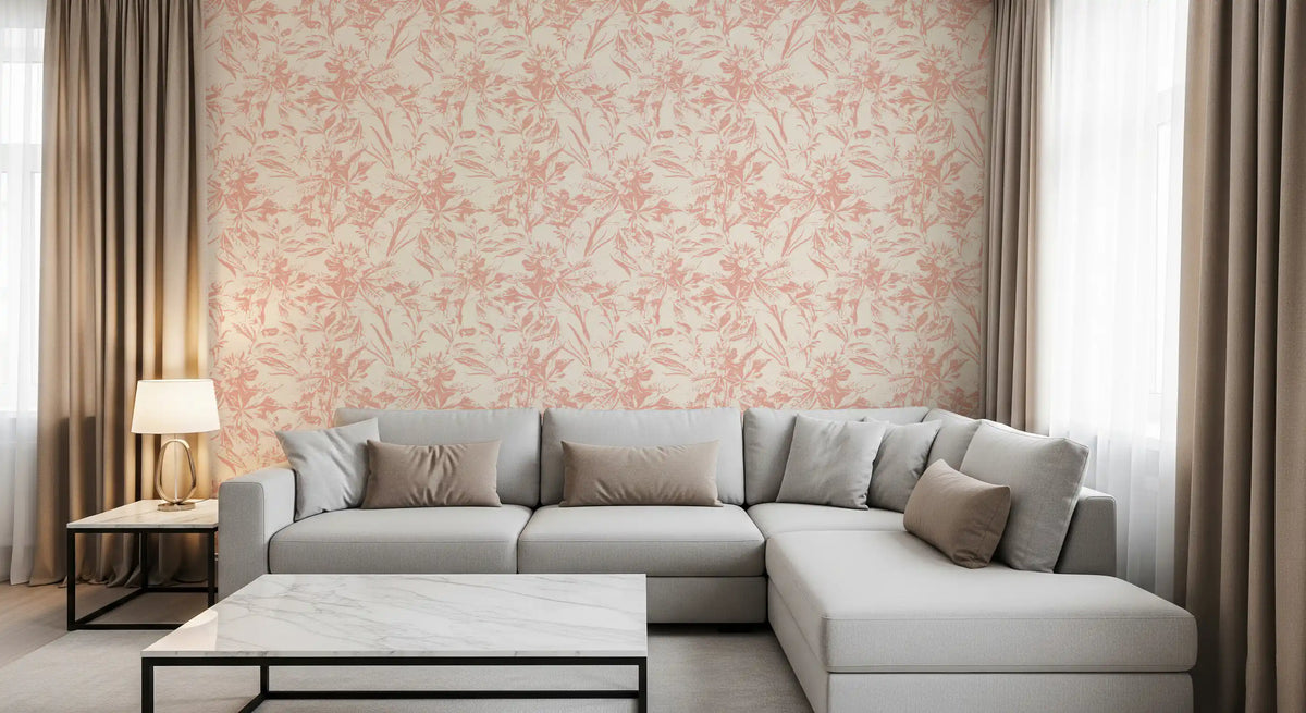 Pink botanical wallpaper in a warm living room with grey sectional GD12217