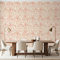 Blush floral sketch wallpaper in a dining room with wood table GD12217