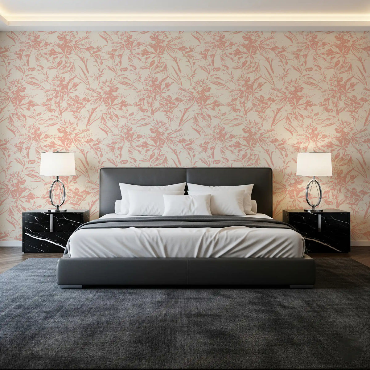 Blush floral sketch wallpaper behind a dark bed in a bedroom GD12217