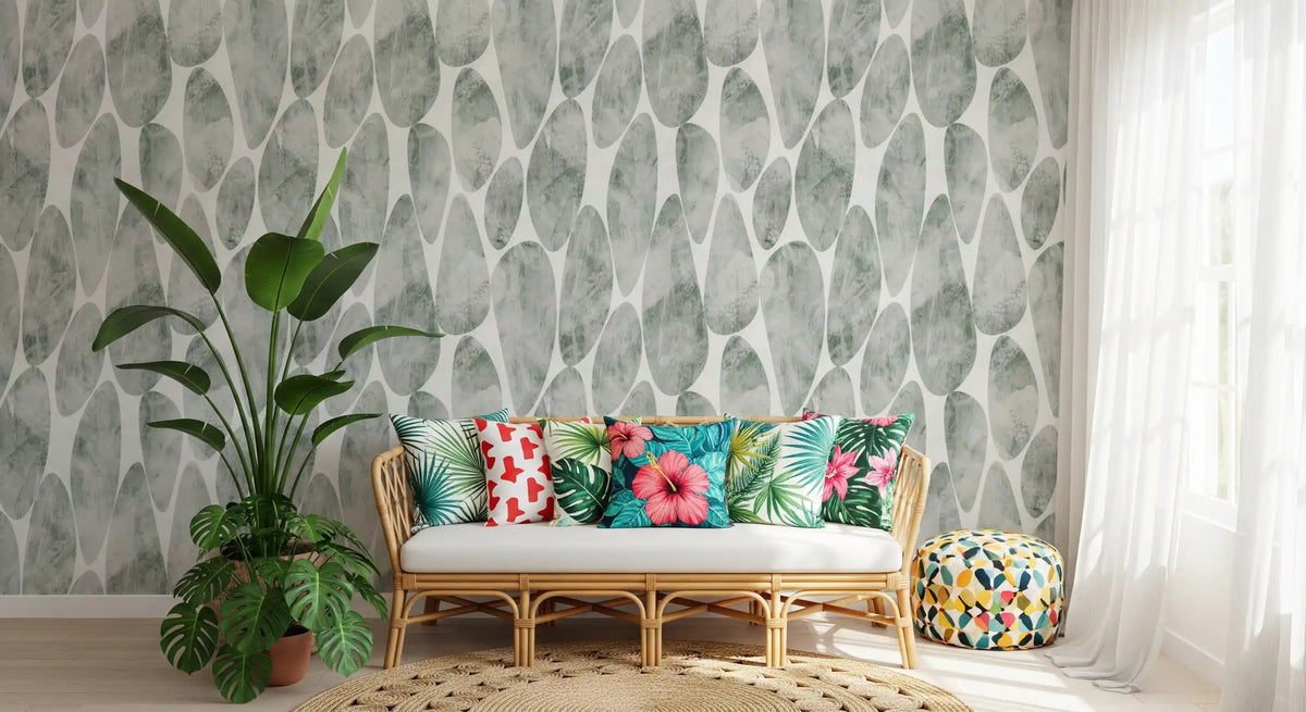 Green textured wallpaper in a boho living room with rattan bench GD12219