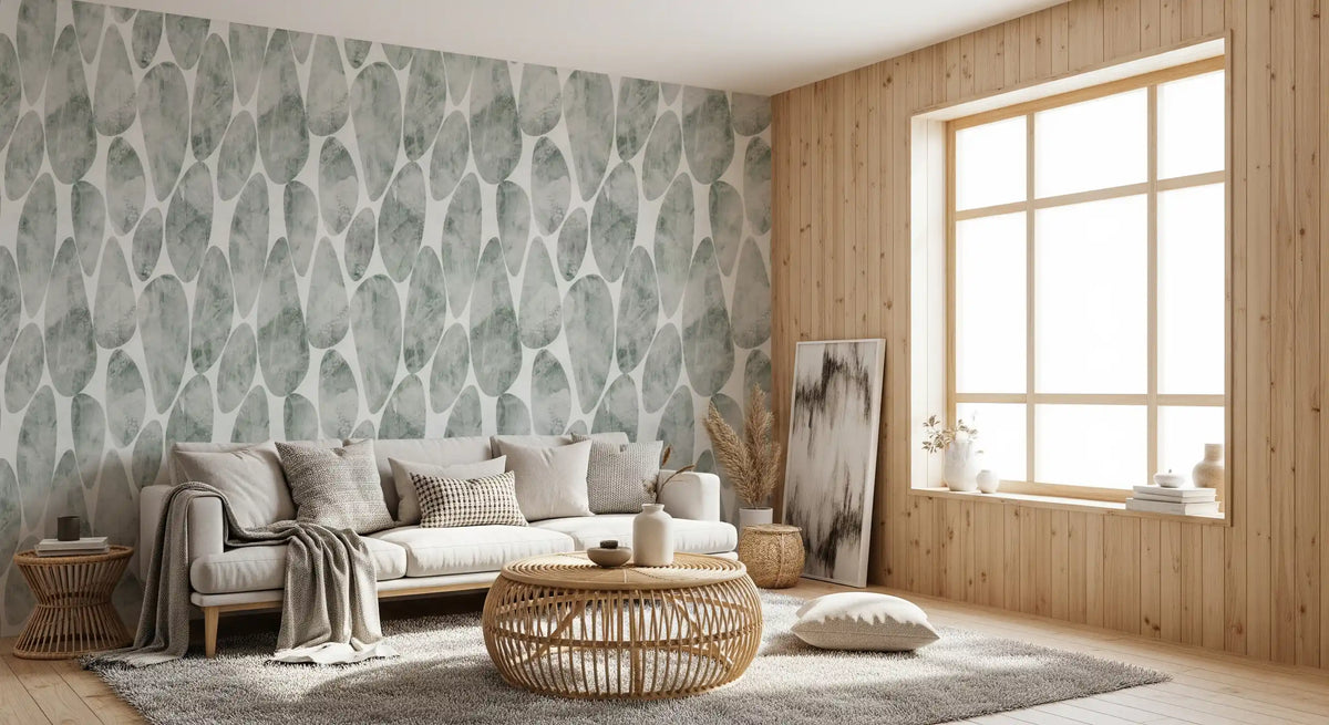 Sage pebbled wallpaper in a warm wood living room GD12219