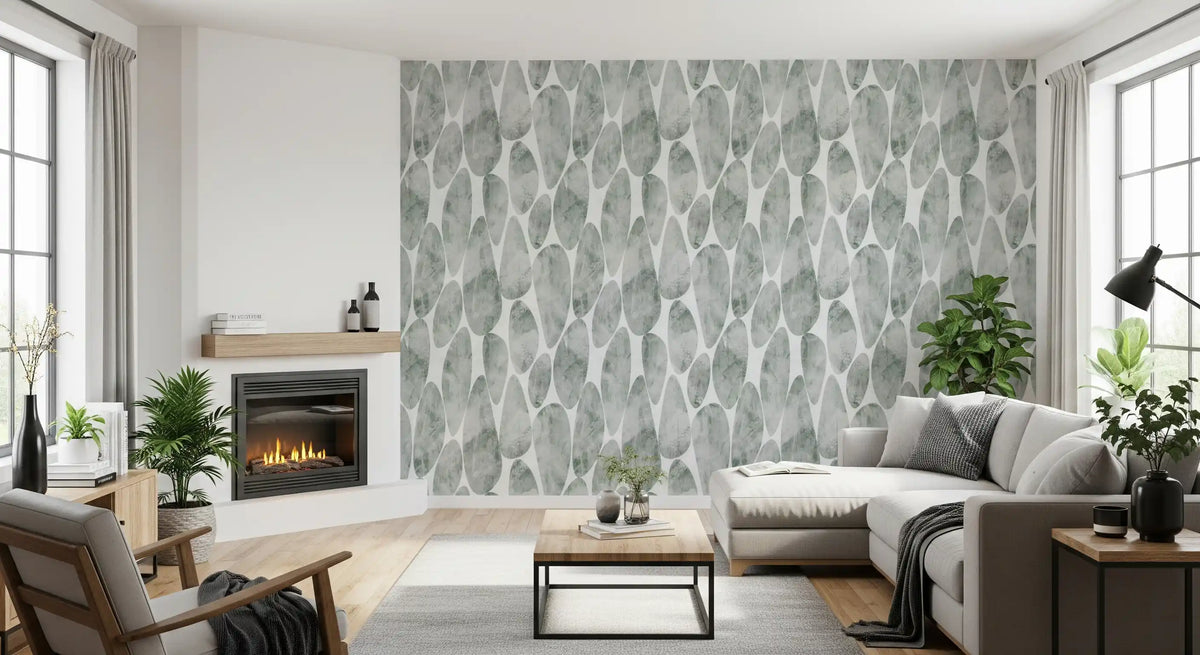 Green textured wallpaper in a living room with fireplace GD12219