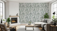 Green textured wallpaper in a living room with fireplace GD12219