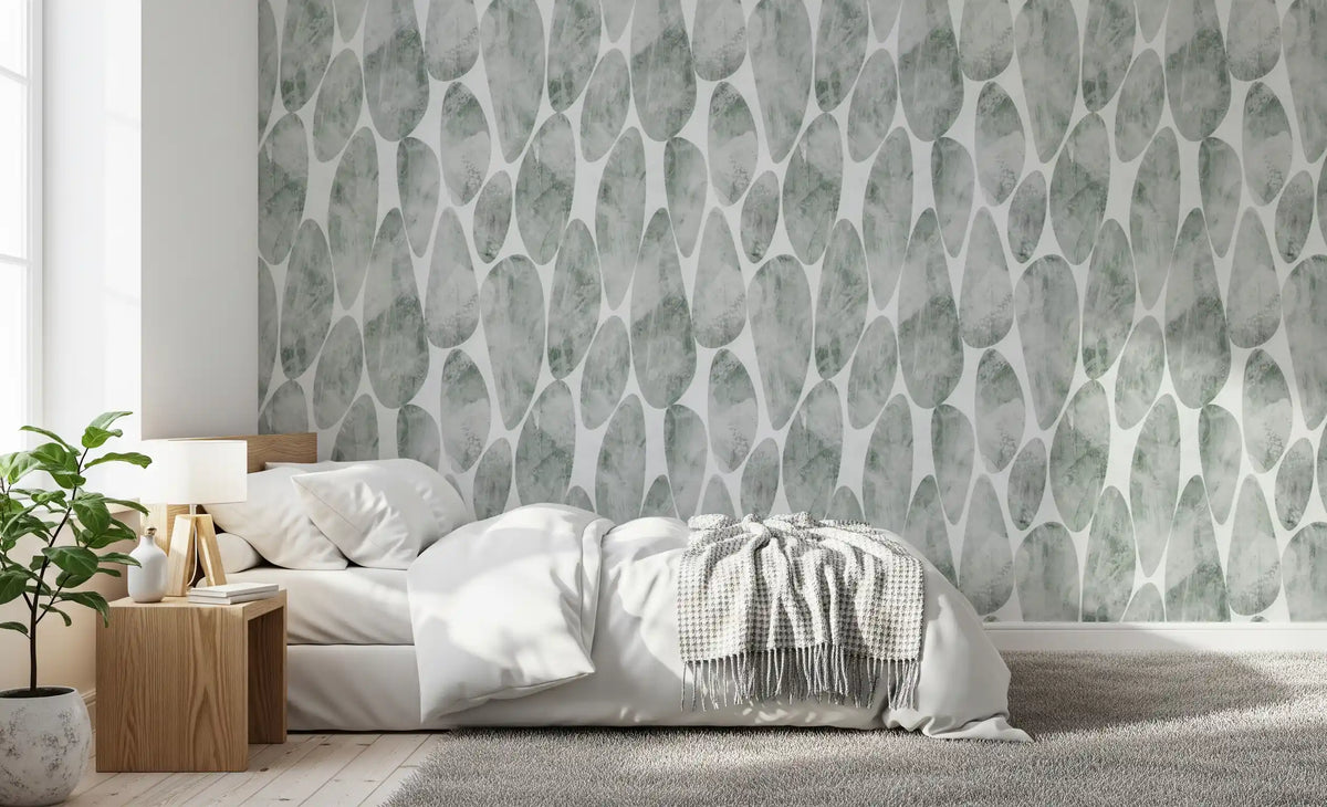 Green texture wallpaper behind a soft grey bed GD12219
