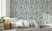 Green texture wallpaper behind a soft grey bed GD12219