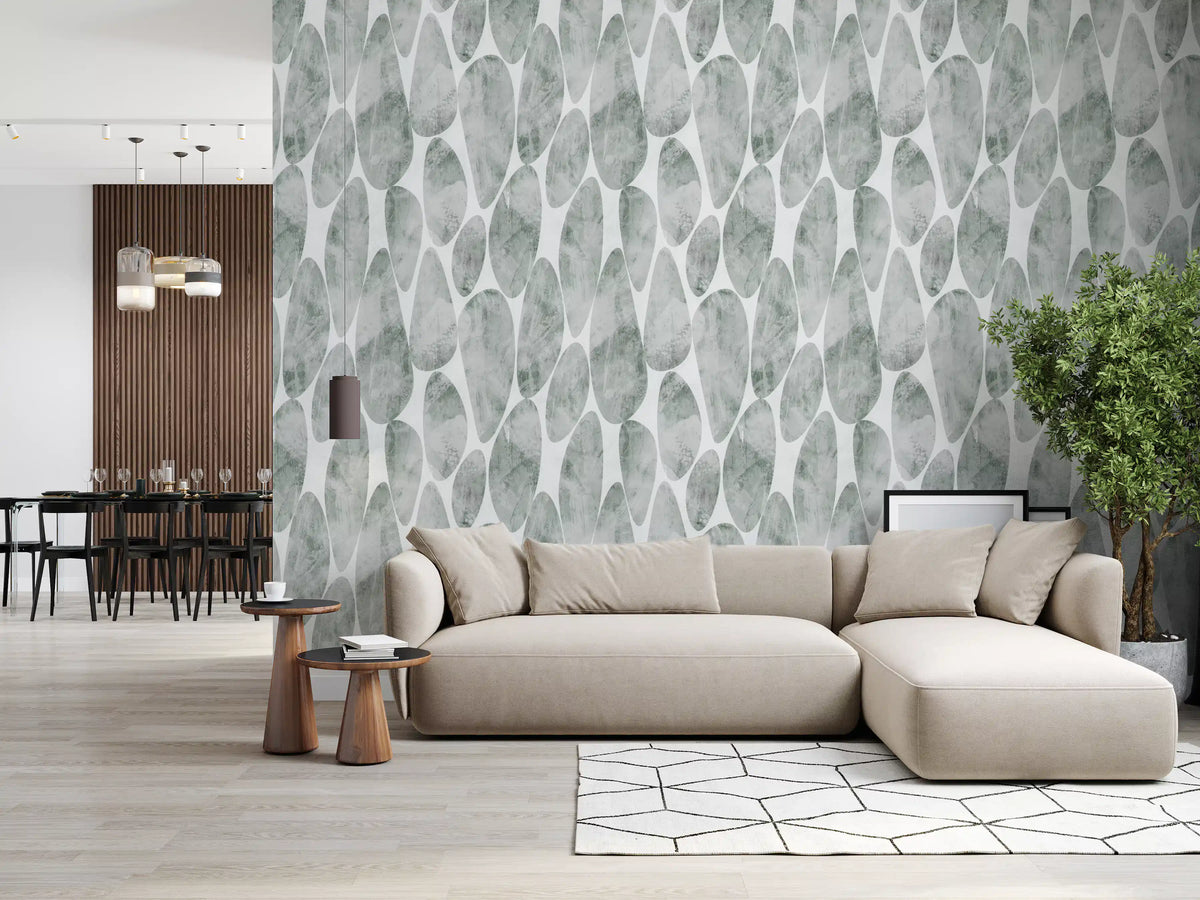 Sage pebble wallpaper in a living room with beige sectional GD12219