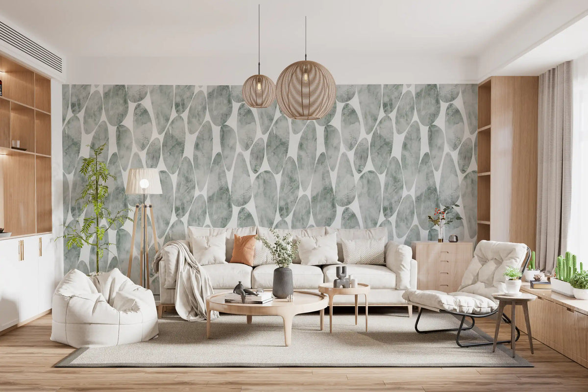 Sage pebble wallpaper in a light living room with plants GD12219