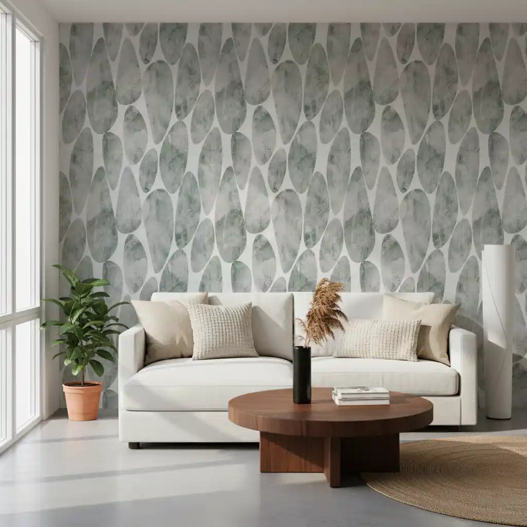 Green textured wallpaper in a bright living room with round table GD12219