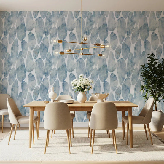 Blue pebble wallpaper in a dining room with wood table GD12220