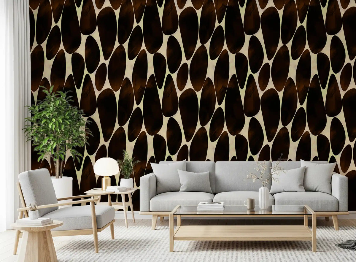 Brown motif wallpaper in a living room with grey and white seating GD12221