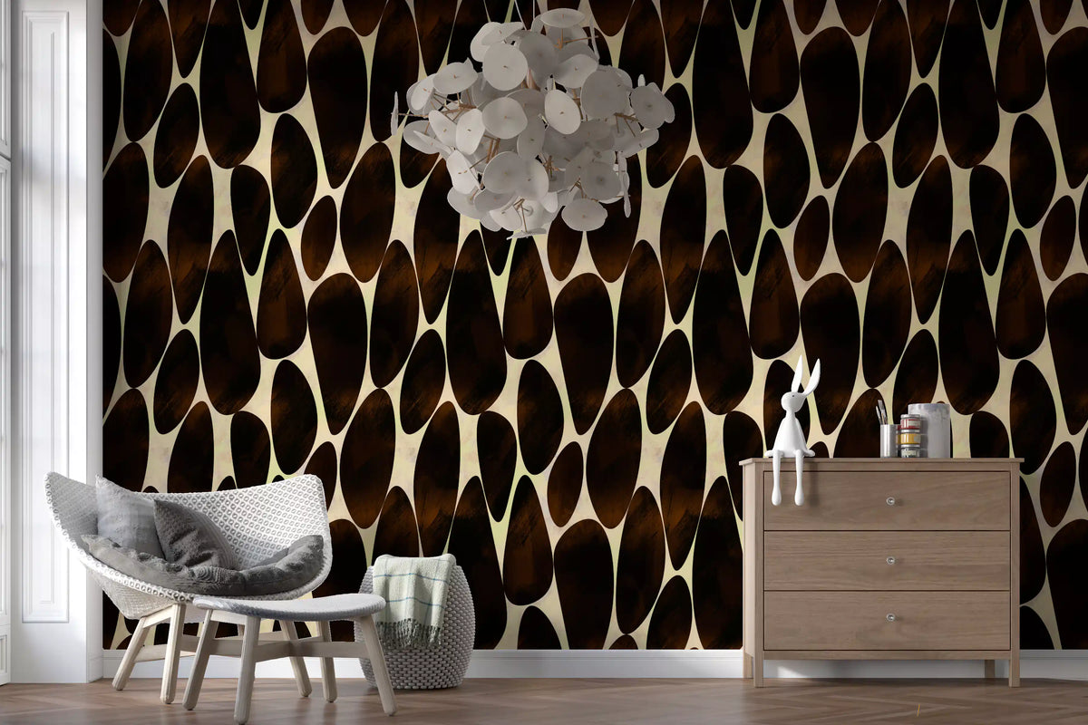 Dark brown motif wallpaper in a living room with wood dresser GD12221