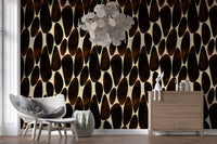 Dark brown motif wallpaper in a living room with wood dresser GD12221