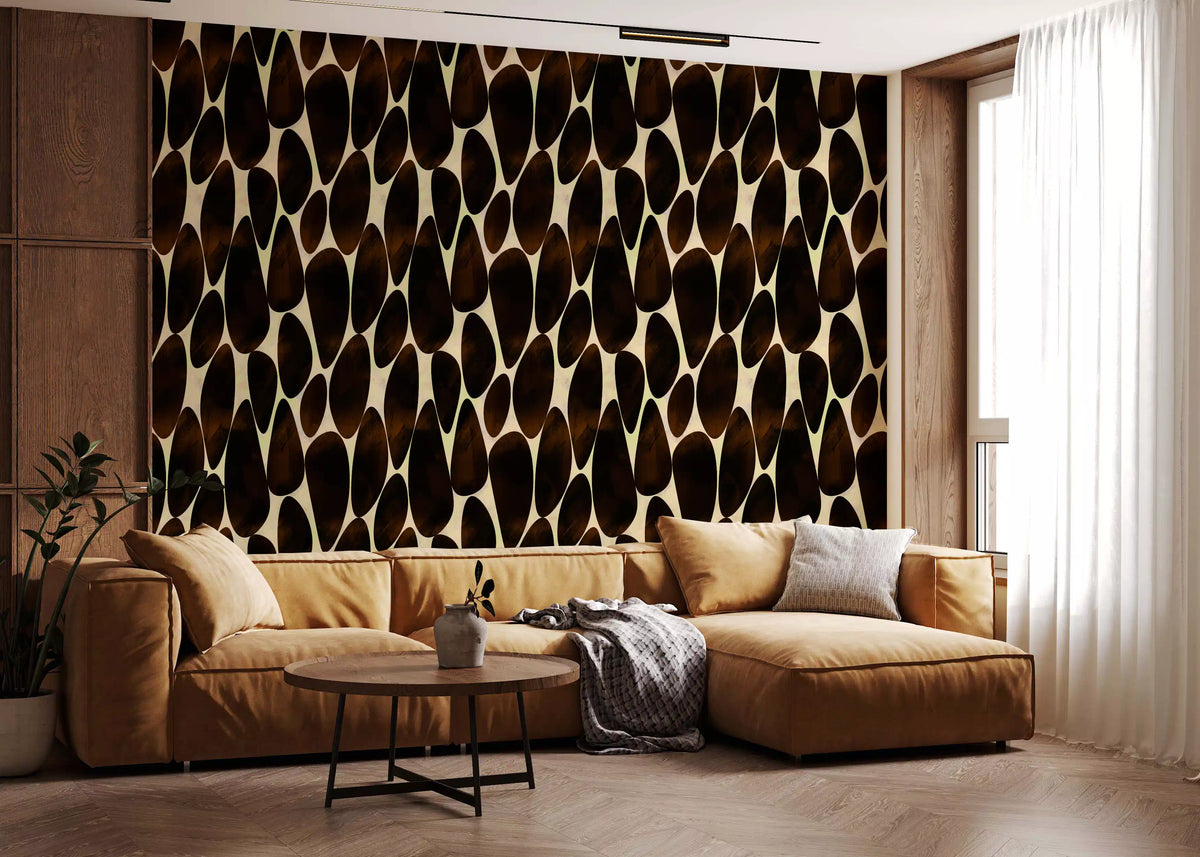 Brown brushstroke wallpaper in a living room with tan leather sofa GD12221