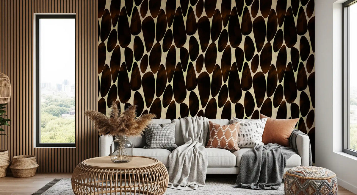 Brown motif wallpaper in a cosy living room with grey sofa GD12221