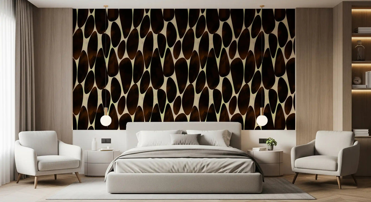 Dark brown brushstroke wallpaper behind a bed with wood accents GD12221