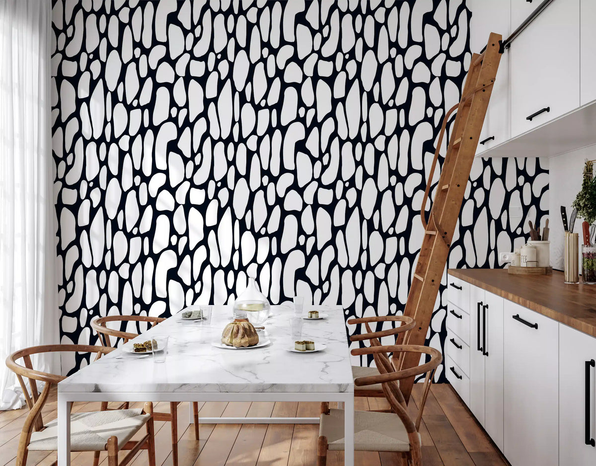 Black and white abstract pebble wallpaper on a kitchen and dining feature wall GD12223