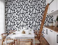 Black and white abstract pebble wallpaper on a kitchen and dining feature wall GD12223