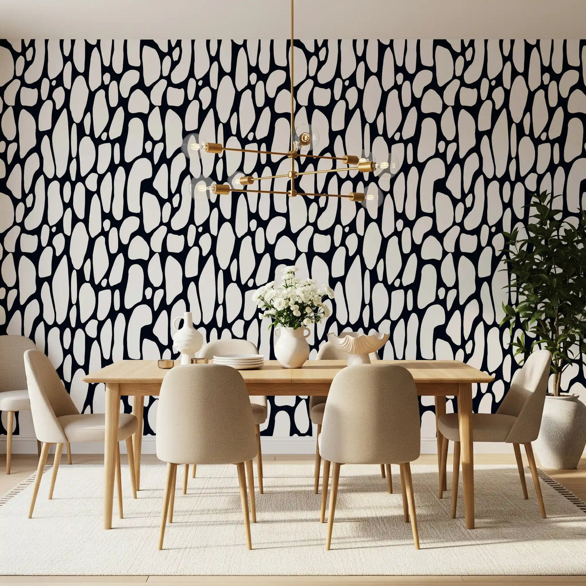 Black and white pebble wallpaper in a dining room with wood table and chairs GD12223