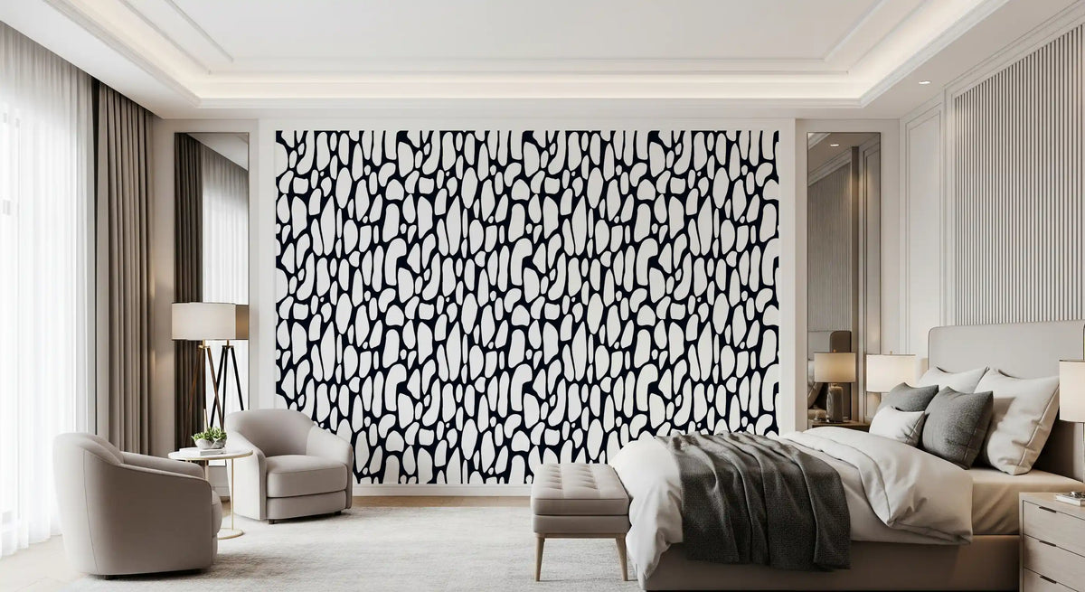Black and white organic pattern wallpaper in a calm grey bedroom GD12223