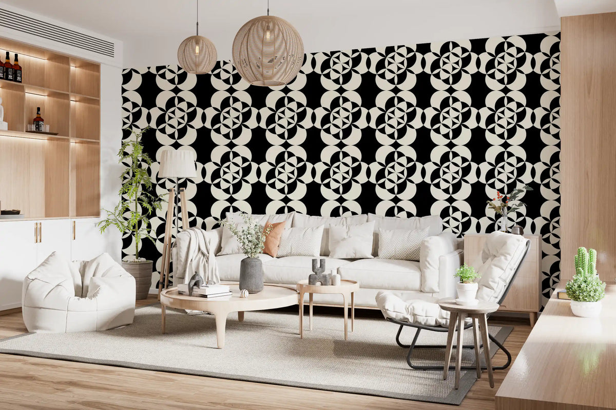 Geometric circular grid wallpaper in a modern living room with a white sofa GD12224