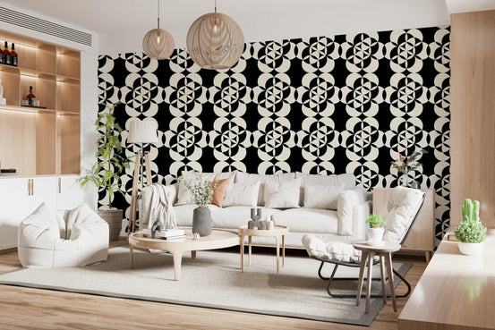 Geometric circular grid wallpaper in a modern living room with a white sofa GD12224