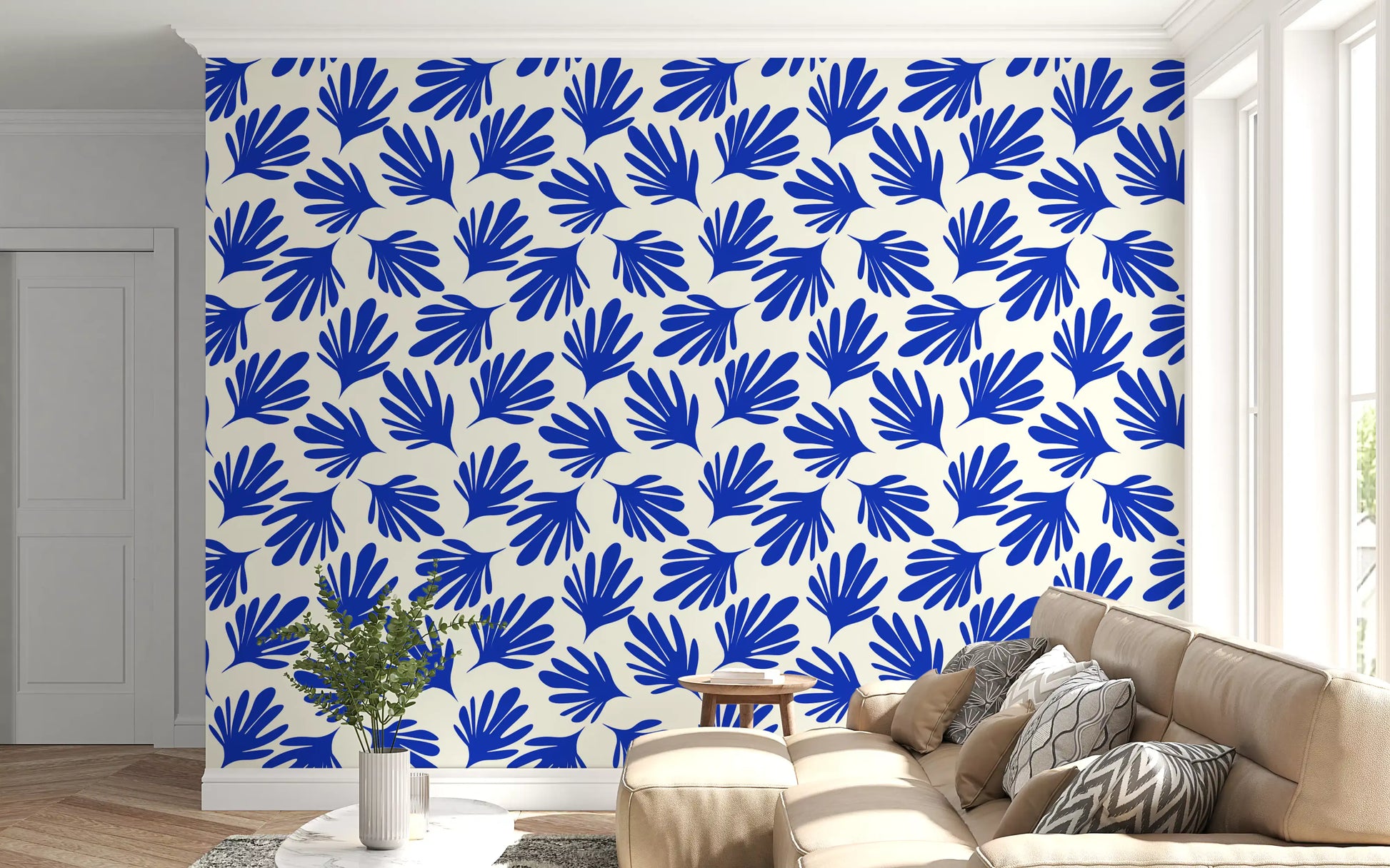 Bold Cobalt Leaf Silhouette Wallpaper⁠