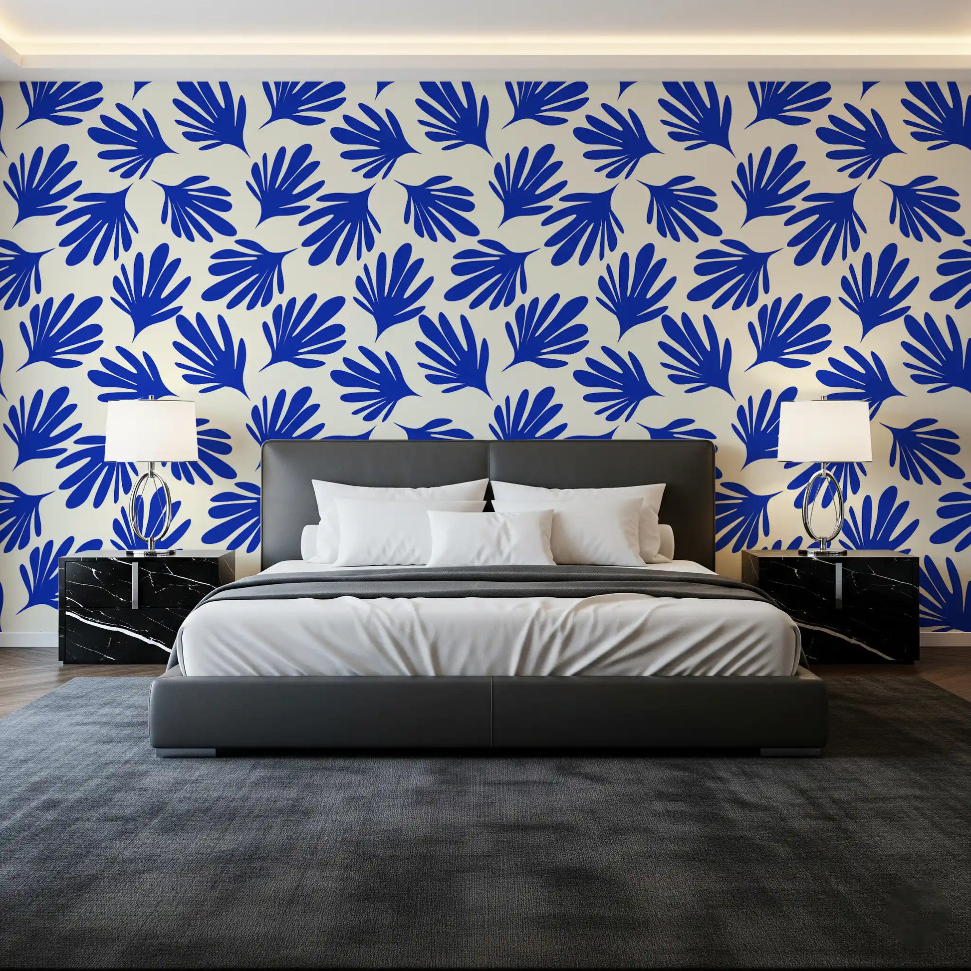 Bold Cobalt Leaf Silhouette Wallpaper⁠