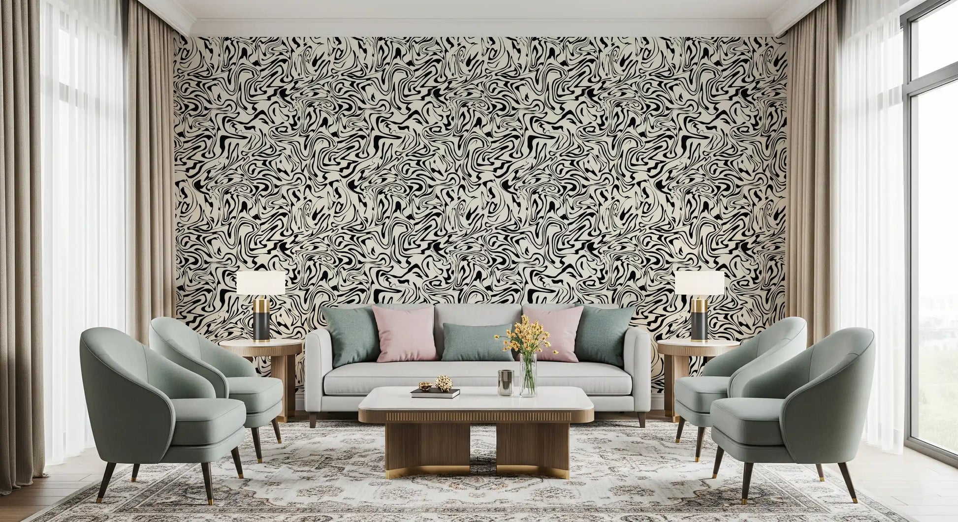 Black and White Fluid Marble Swirls Wallpaper⁠