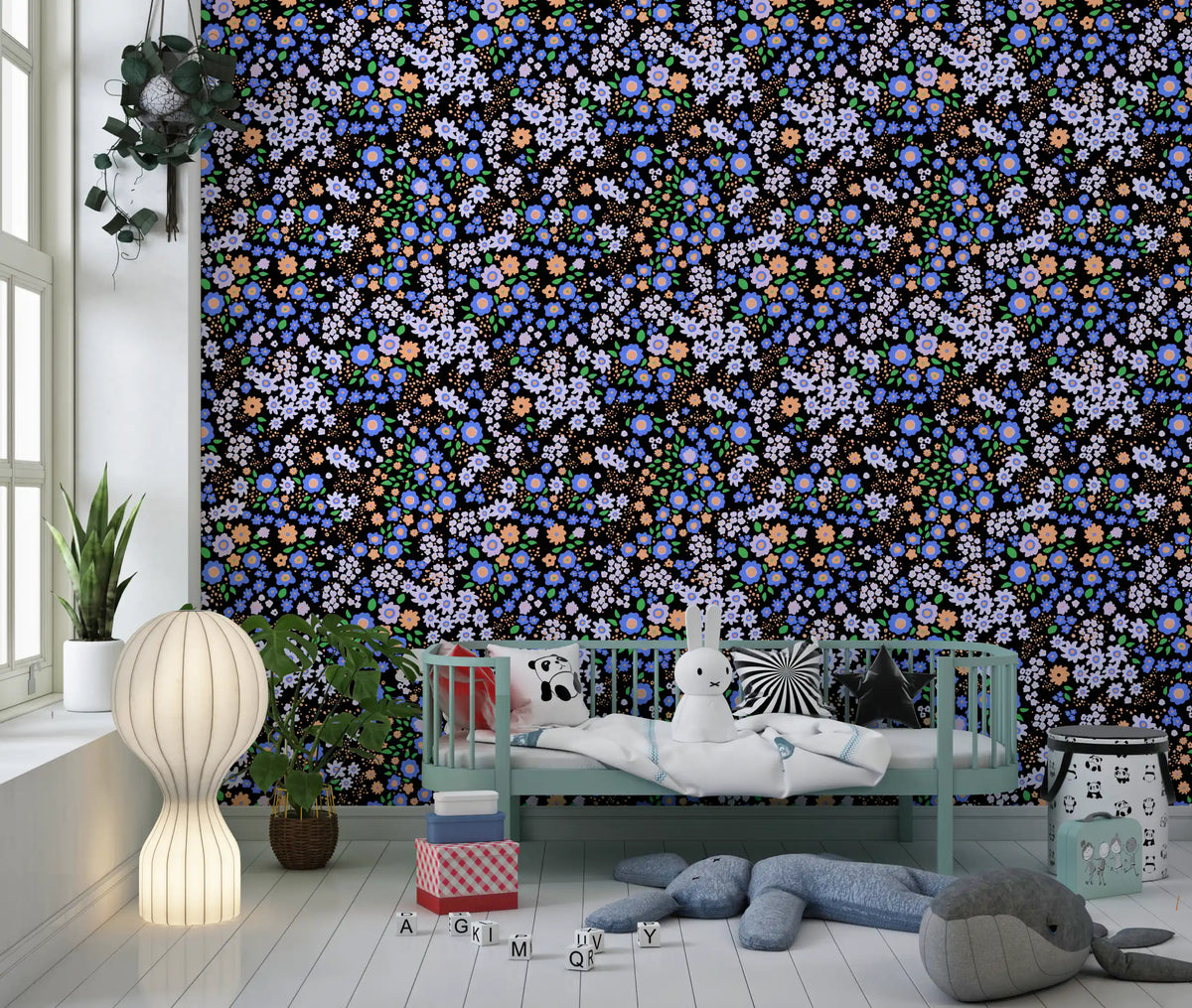 Boho garden floral wallpaper in a nursery with a mint cot and soft toys GD12227