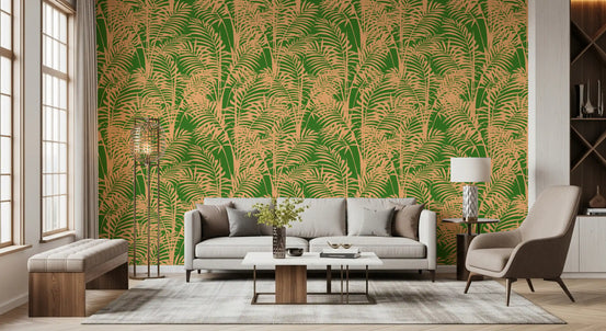 Green palm frond tropical wallpaper in a living room with a grey sofa GD12228