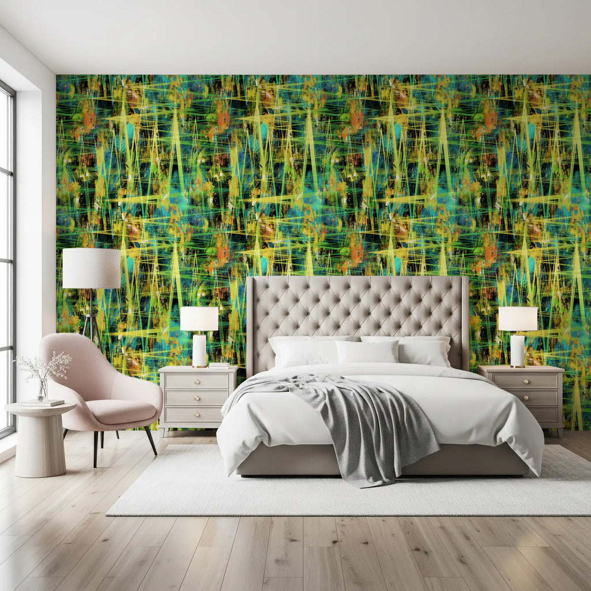 Neon zigzag abstract wallpaper behind a beige headboard in a bedroom GD12229