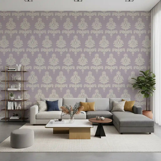 Lilac and cream damask wallpaper in a living room with a grey sectional sofa GD12230