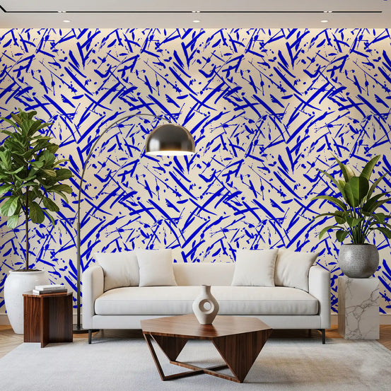 Cobalt blue brushstroke abstract wallpaper in a living room with a white sofa GD12231