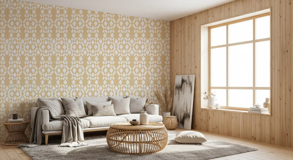 Cream geometric lattice wallpaper in a wood-panelled living room GD12232