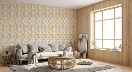 Cream geometric lattice wallpaper in a wood-panelled living room GD12232