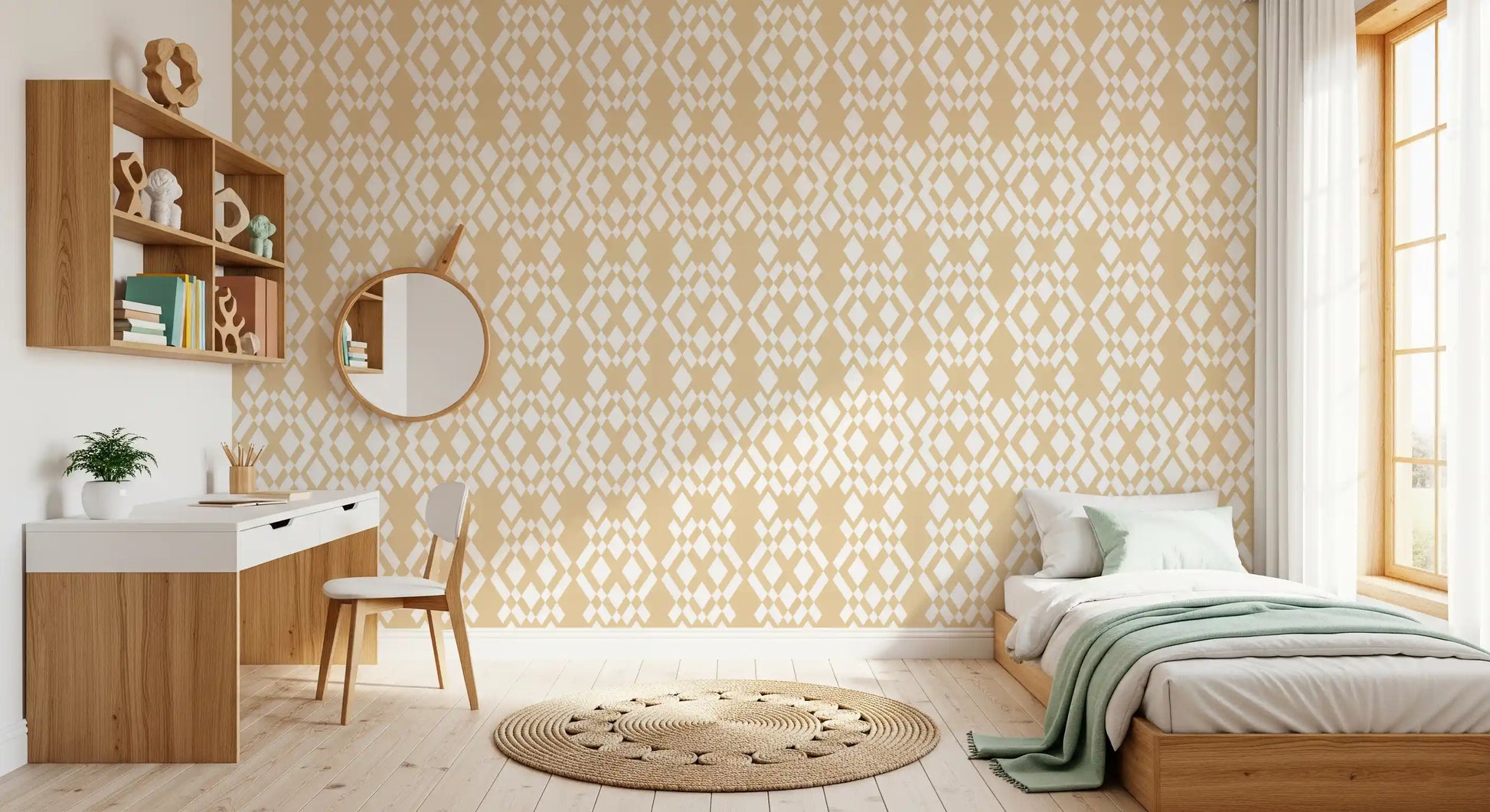 Cream and White Geometric Lattice Wallpaper⁠