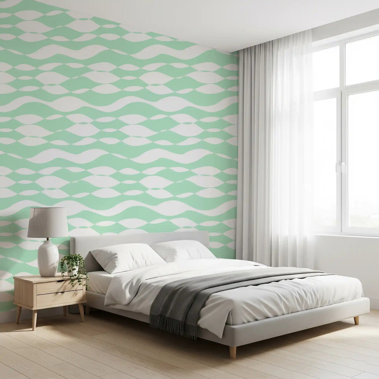Soft Sage Wavy Linear Pattern Wallpaper⁠