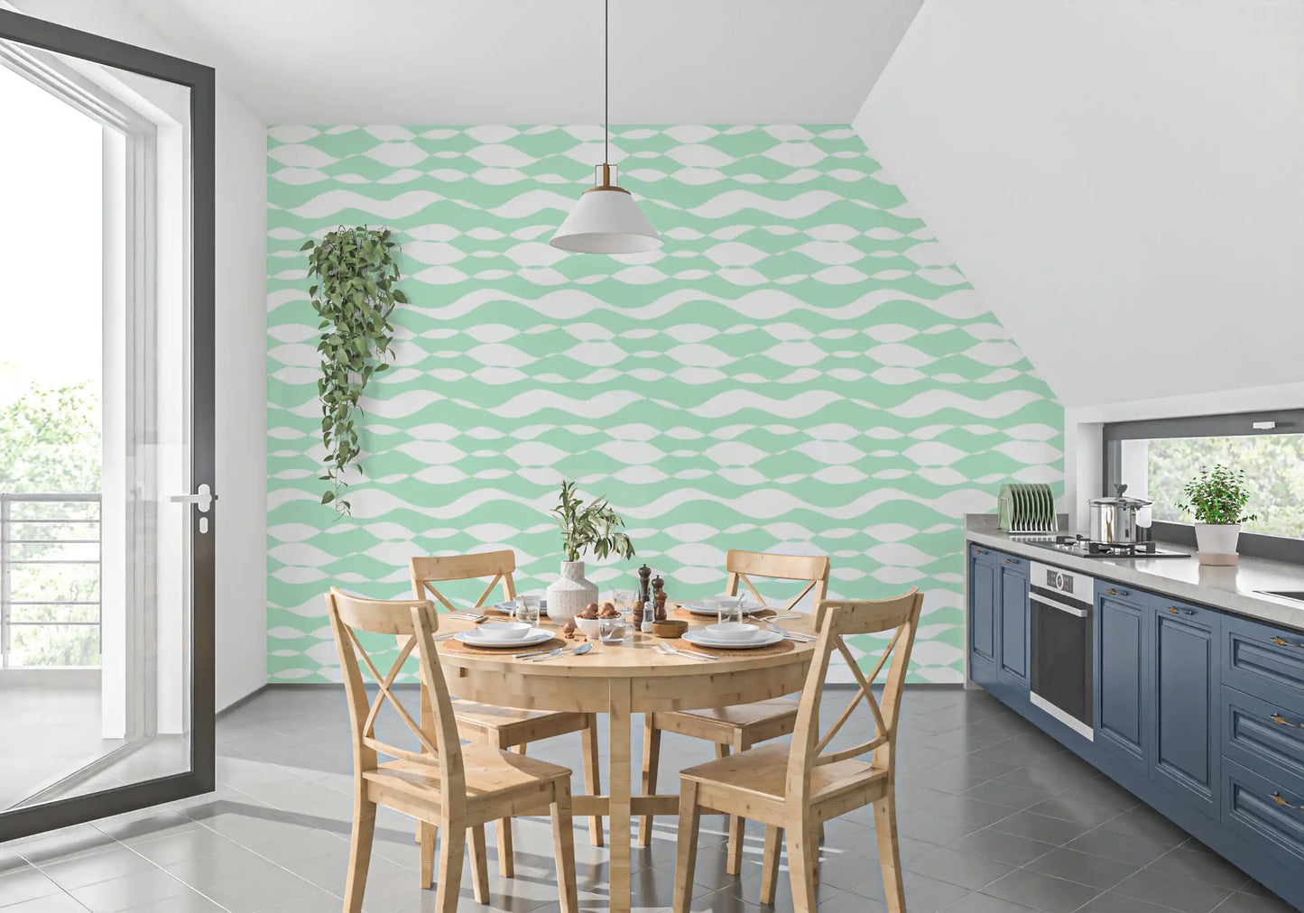 Soft Sage Wavy Linear Pattern Wallpaper⁠