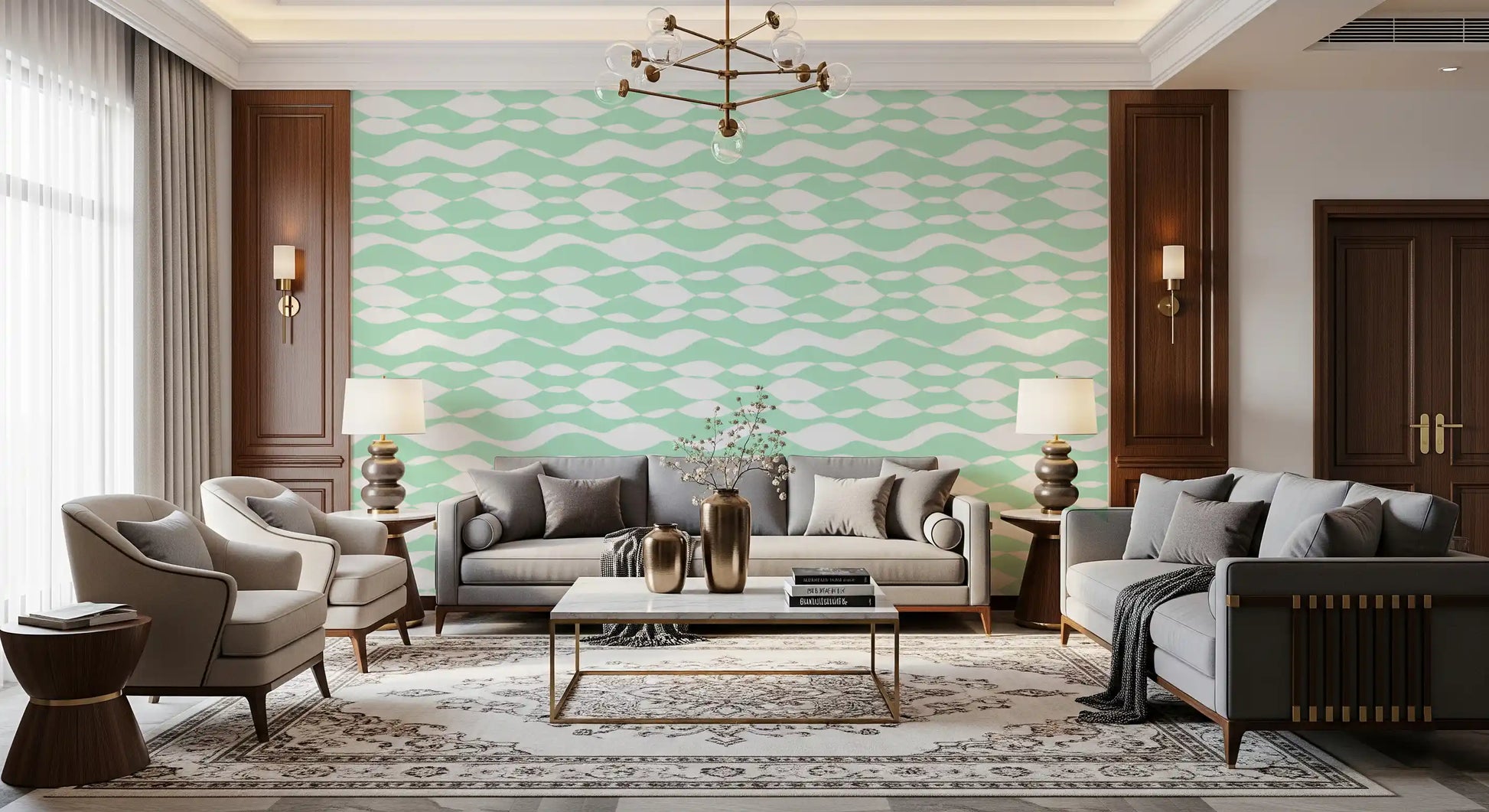 Soft Sage Wavy Linear Pattern Wallpaper⁠