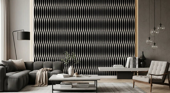 Black arch lattice wallpaper in a modern grey living room GD12234