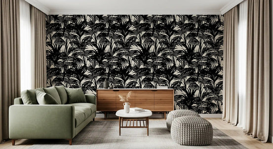Black palm leaf wallpaper in a modern living room with green sofa GD12238