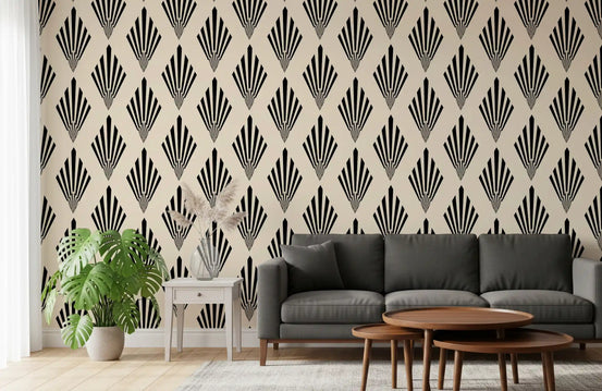 Art deco fan wallpaper in a modern living room with grey sofa GD12239