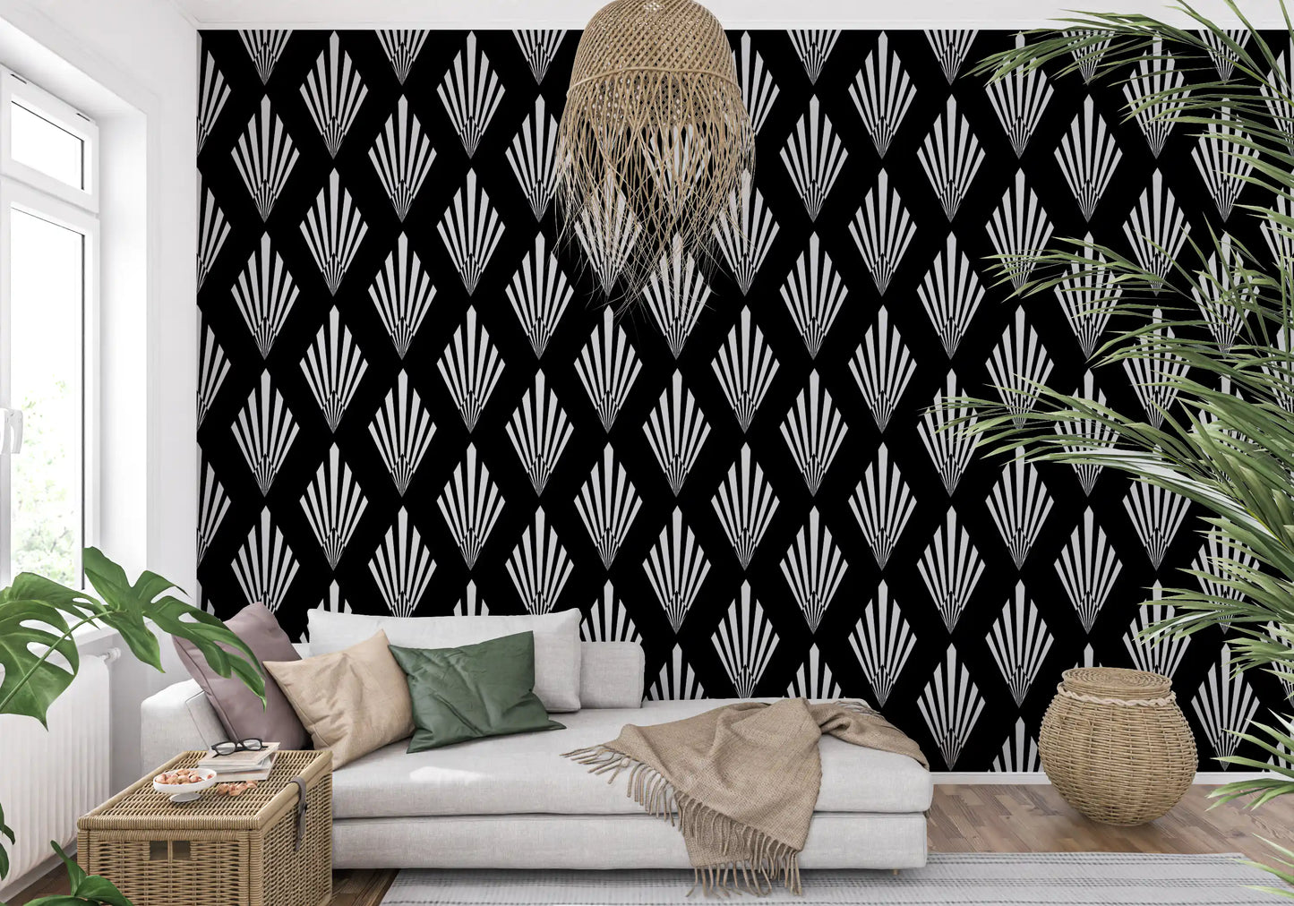 Monochromatic Art Deco Fan Pattern Wallpaper⁠