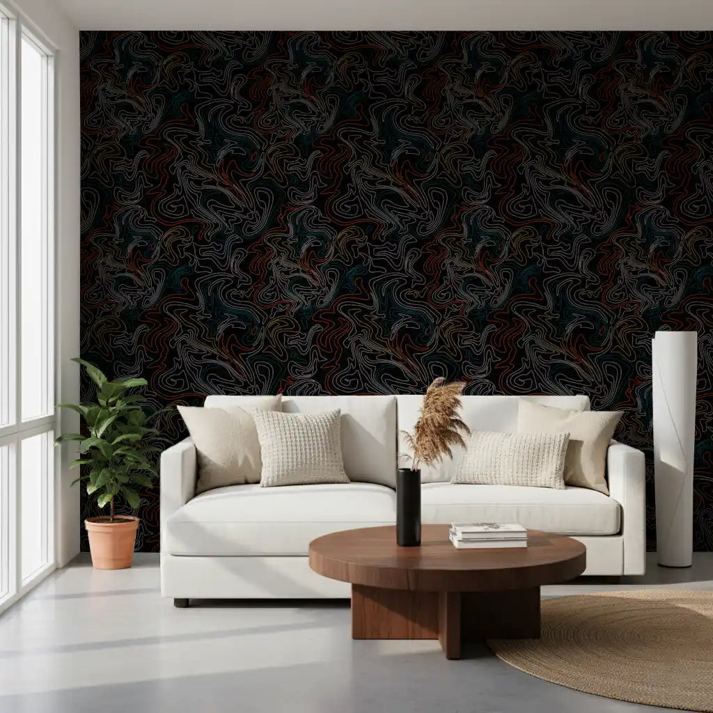 Dark topographic line wallpaper in a bright minimalist living room GD12241