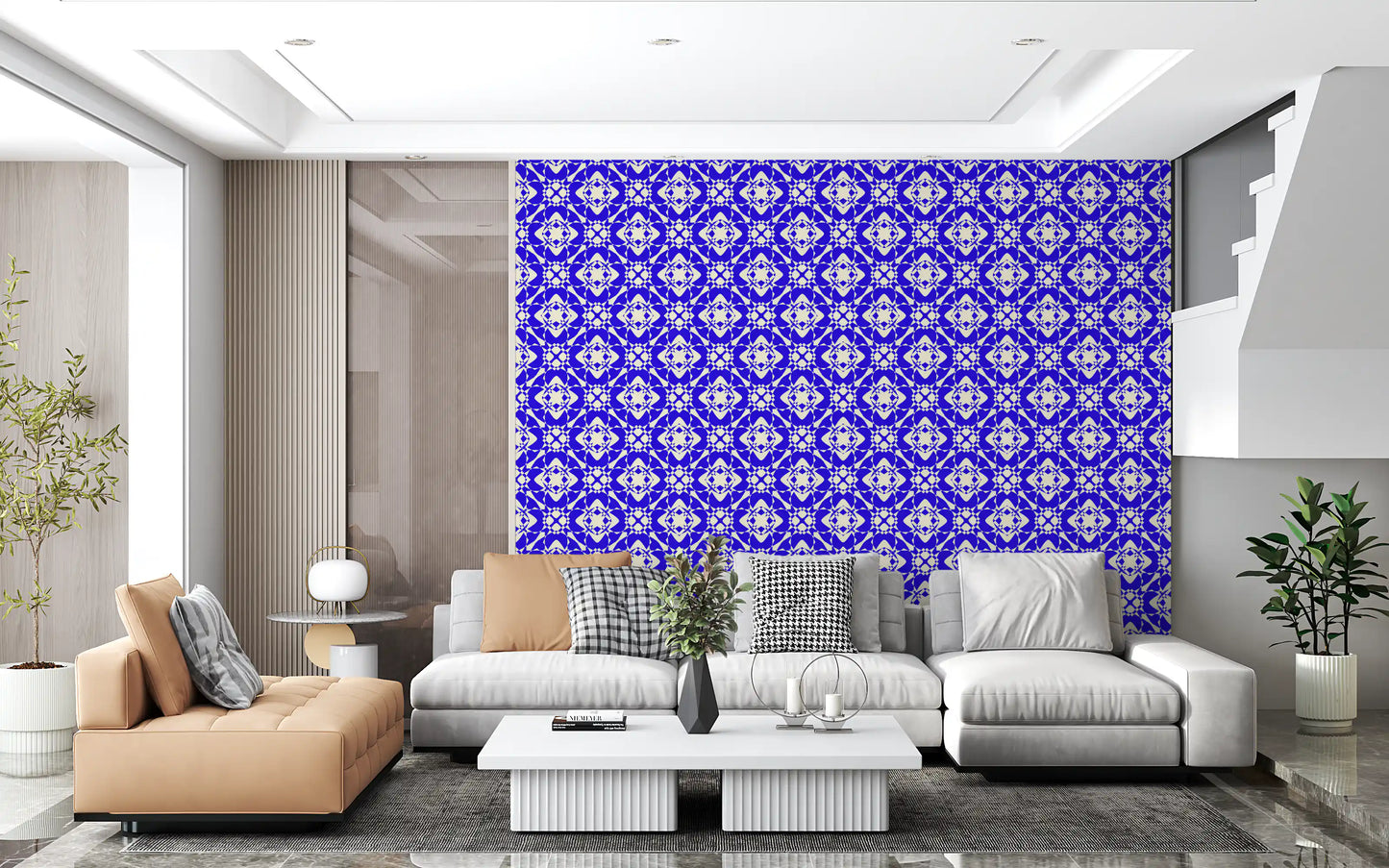 Geometric Cobalt Interlocking Pattern Wallpaper⁠