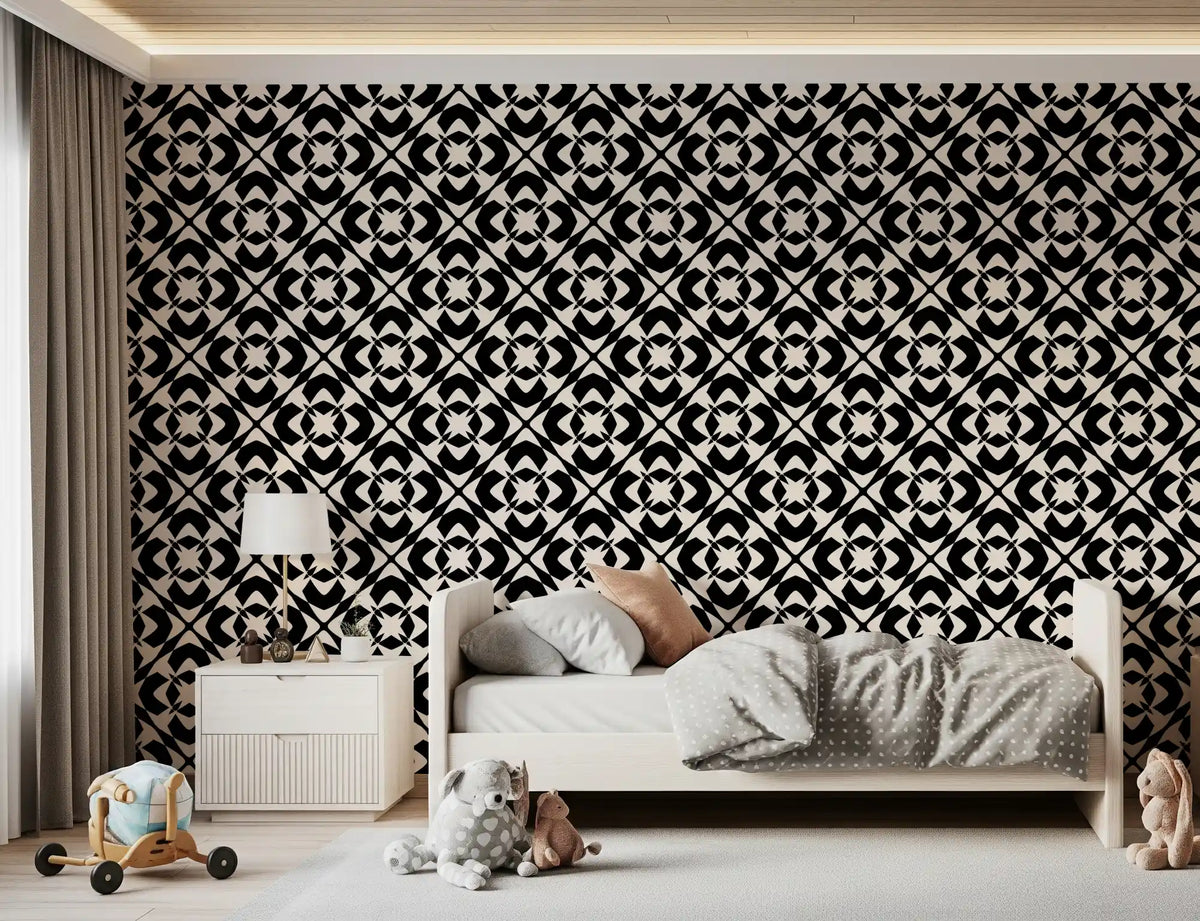 Black geometric lattice wallpaper in a children's bedroom GD12244
