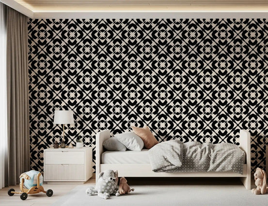 Black geometric lattice wallpaper in a children's bedroom GD12244