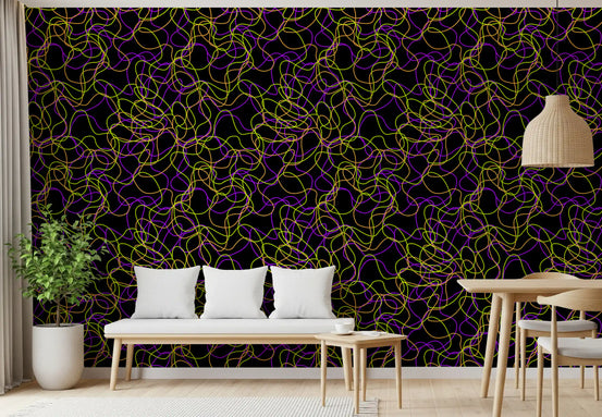 Neon tangled line-art wallpaper in a modern living room GD12246